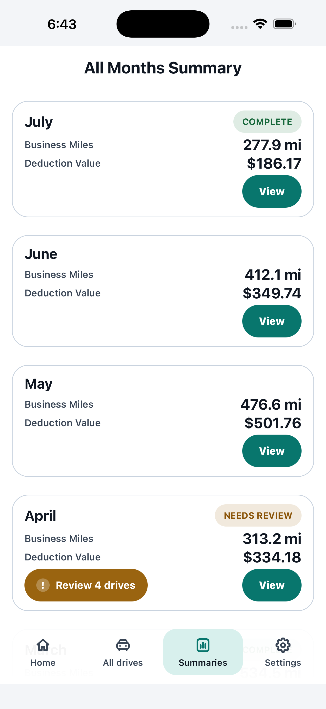 MileClerk monthly summaries